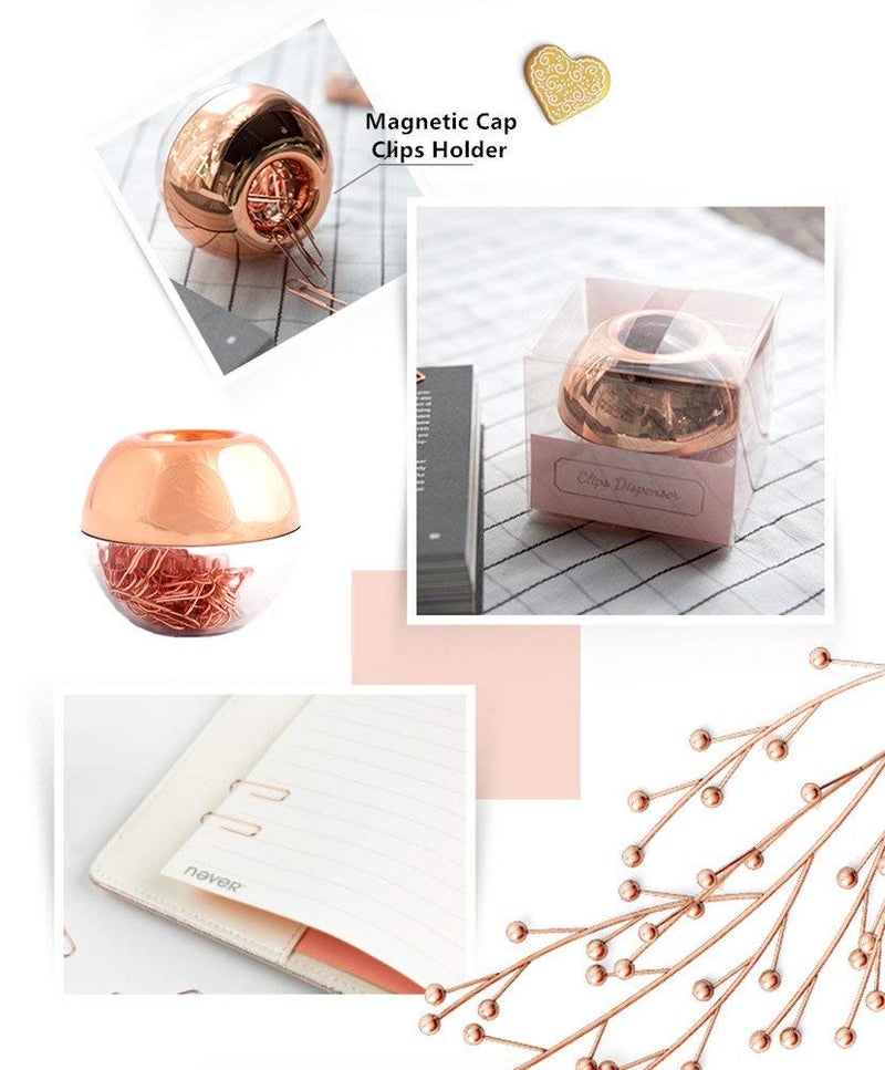 Supfoxer Rose Gold Magnetic Paper Clip Dispenser with 100pcs 1.1" Medium Paper Clips, Acrylic Holder for Office Decor - Image 3
